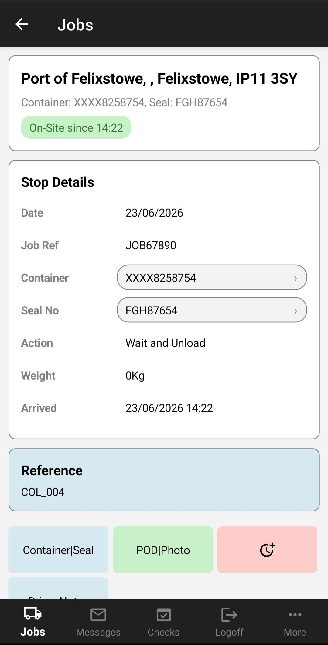 Truckcom driver app: job stop details