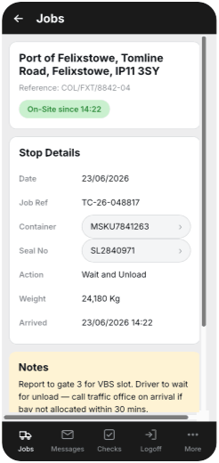 Truckcom driver app: job stop details